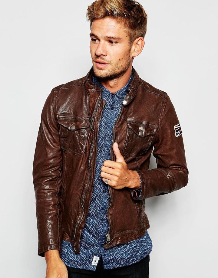 Pepe Leather Biker Jacket Guzzi Zip Thru - Brown