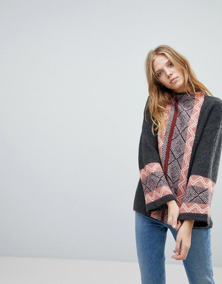 Vila Geo-tribal Trim High Neck Sweater - Gray