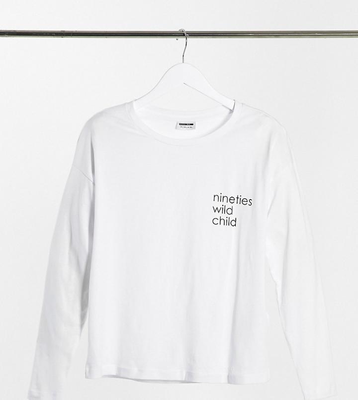 Noisy May Petite Long Sleeve Slogan T-shirt In White