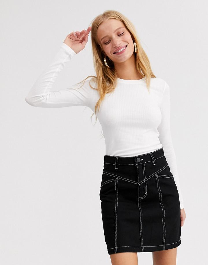 Monki Crew Neck Ribbed Long Sleeve Top In Off White - White