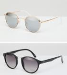 Asos Design Round Sunglasses 2pk In Black With Smoke Lens & Rose Gold Metal With Silver Flash Lens Save - Multi