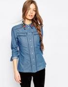 Asos Denim Fitted Americana Shirt With Embroidered Collar In Mid Stone Wash - Midwash Blue