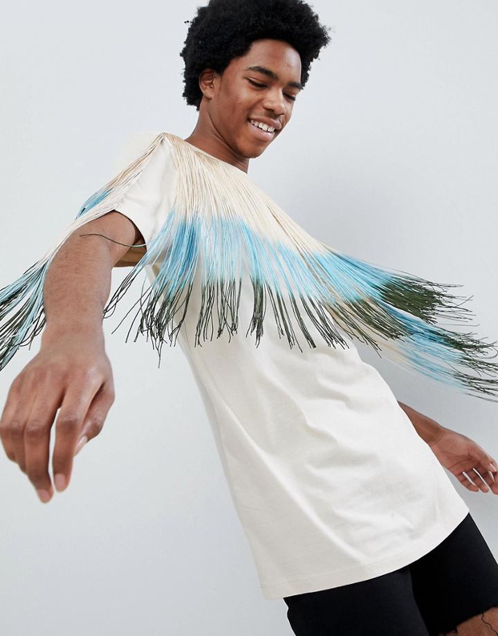 Asos Design Relaxed Longline T-shirt With Ombre Fringe Front - Beige