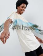Asos Design Relaxed Longline T-shirt With Ombre Fringe Front - Beige