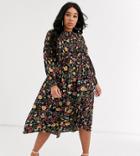 Never Fully Dressed Plus Shirred Midi Skater Dress In Dark Floral Print