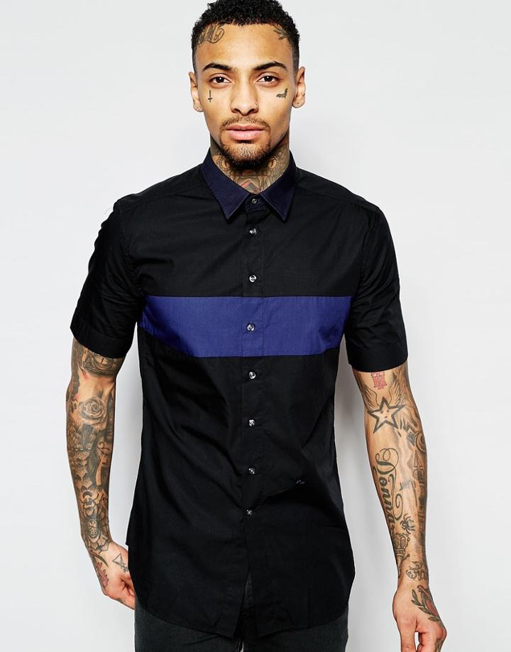 Diesel Shirt S-coast-sho Short Sleeve Contrast Panel And Collar In Black - Black