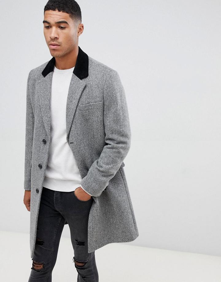 Asos Design Wool Mix Overcoat In Herringbone With Velvet Collar In Gray - Gray