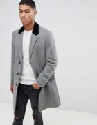 Asos Design Wool Mix Overcoat In Herringbone With Velvet Collar In Gray - Gray
