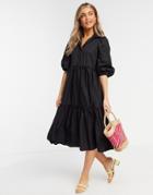 Asos Design Cotton Poplin Tiered Midi Shirt Dress In Black