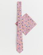 Asos Design Wedding Slim Tie & Pocket Square In Pink Ditsy - Pink