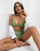 Asos Design Mix And Match Rib Knot Front Bikini Top In Khaki-green