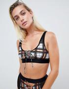 Asos Design Recycled Fishnet Insert Contrast Lace Up Front Crop Bikini Top In Check Print-multi
