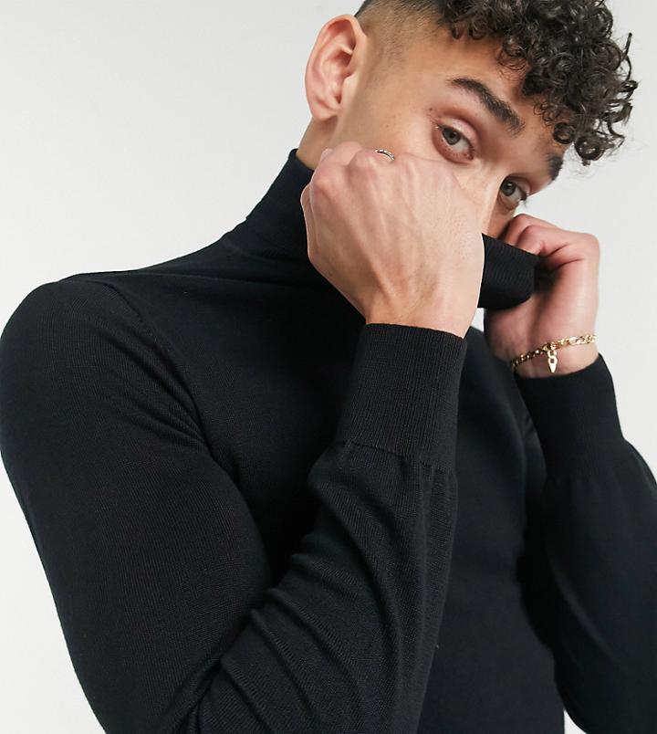Gianni Feraud Tall Premium Muscle Fit Stretch Roll Neck Fine Gauge Sweater-black