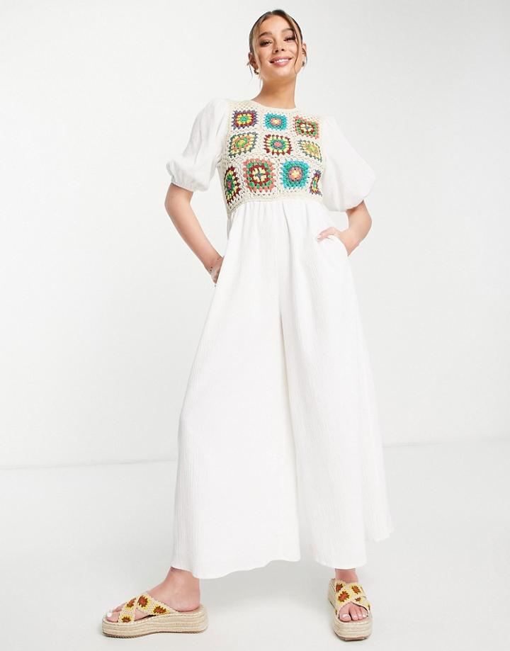 Asos Design Crochet Tank Top Jumpsuit With Puff Sleeve In Crinkle-multi