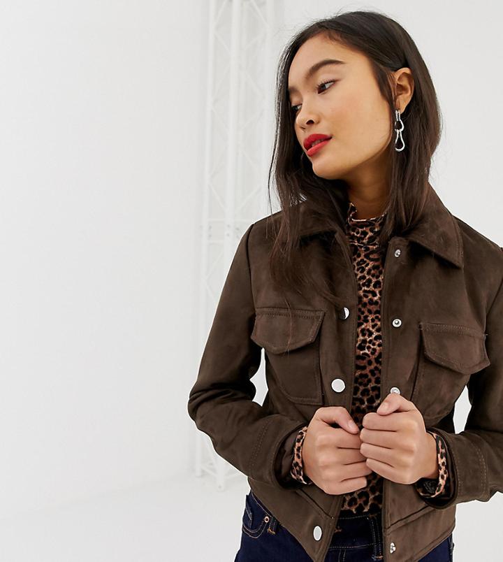 New Look Suedette Utility Trucker Jacket In Brown
