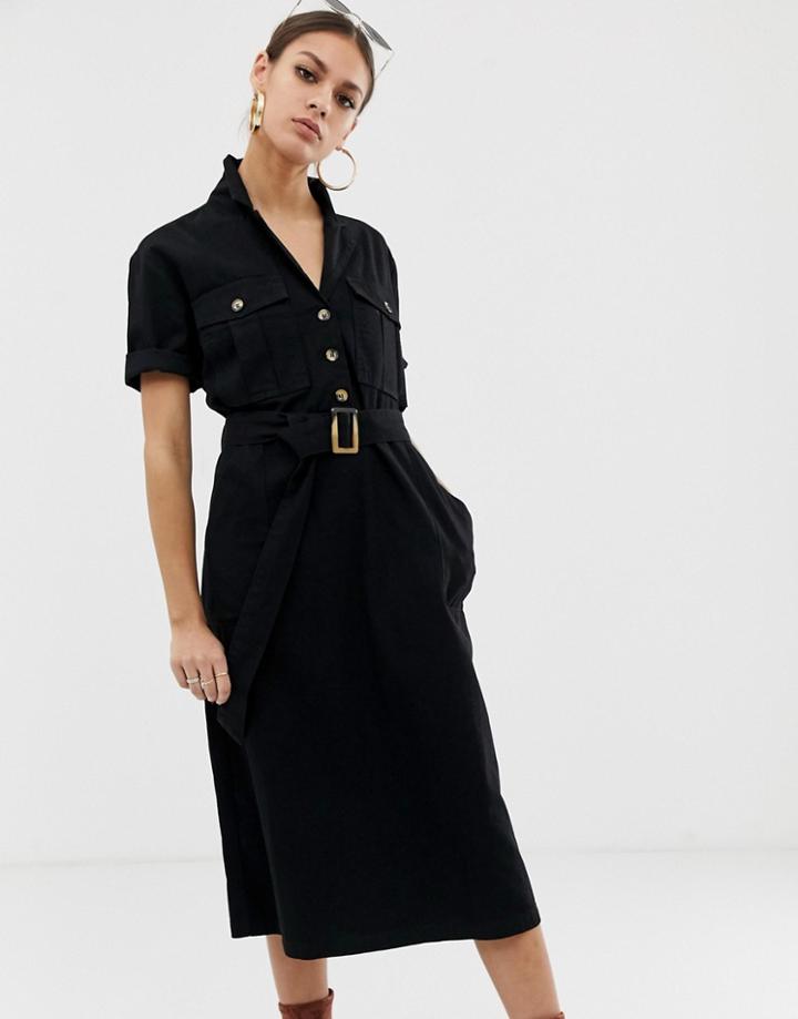 Na-kd Denim Utility Midi Dress In Black - Black