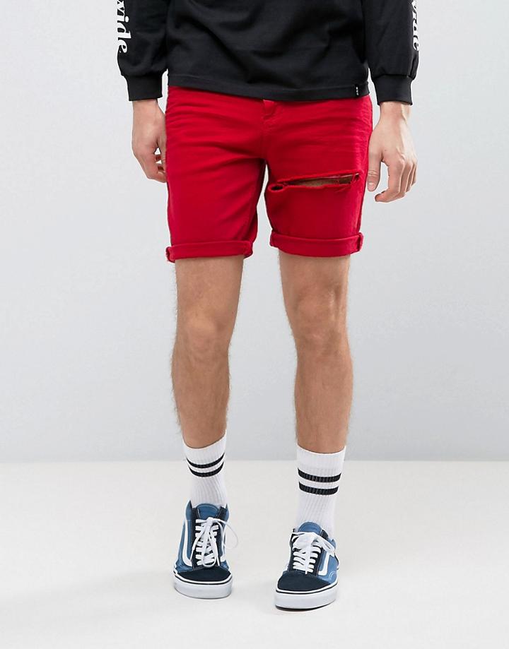 Asos Denim Shorts In Stretch Slim Red With Thigh Rip - Red