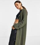 Noisy May Petite Longline Knitted Cardigan In Khaki-green
