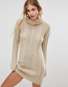 Missguided Roll Neck Cable Mini Dress - Tan