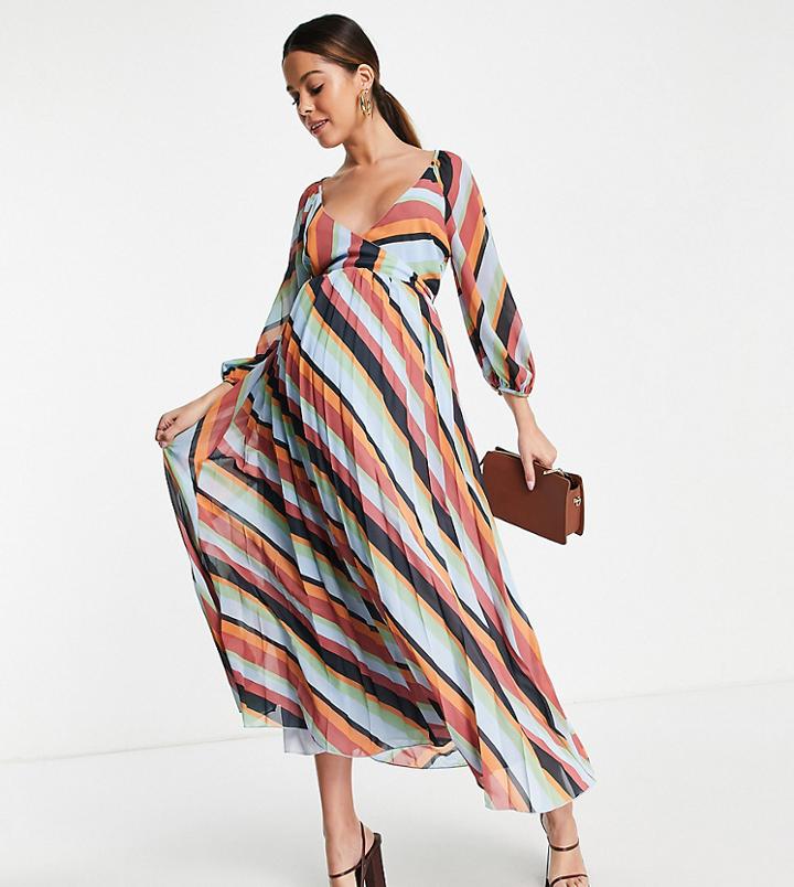 Asos Design Maternity Pleated Wrap Midi Dress In Multi Stripe