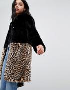 Barney's Originals Leopard Print Color Block Faux Fur Coat - Black