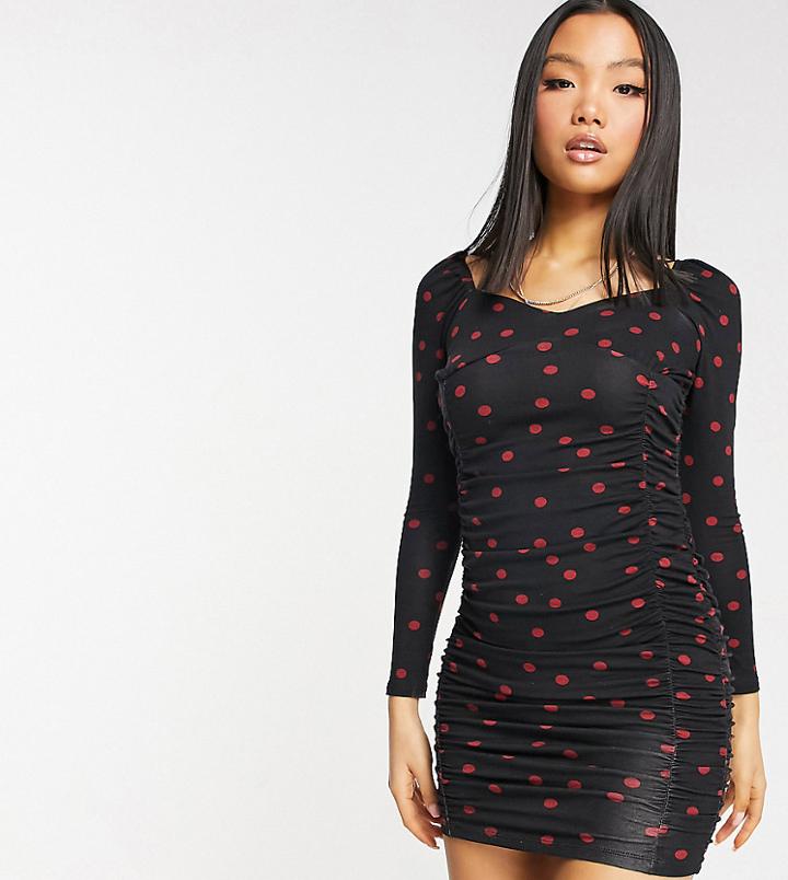 Asos Design Petite Long Sleeve Sweetheart Ruched Mini Dress In Dot Print-multi