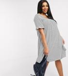 Asos Design Curve Square Neck Frill Sleeve Smock Dress In Navy And Cream In Stripe-multi