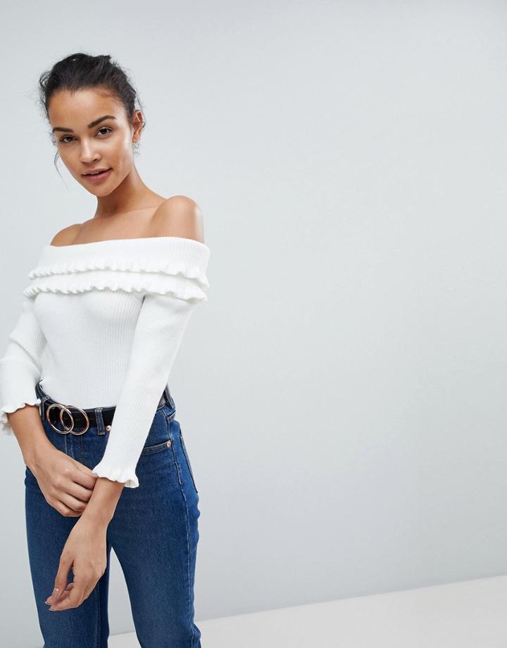 Fashion Union Ruffle Bardot Sweater - White