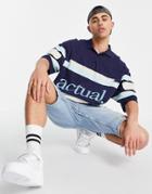 Asos Actual Oversized Polo Shirt With Horizontal Stripe Detail And Logo Print In Navy