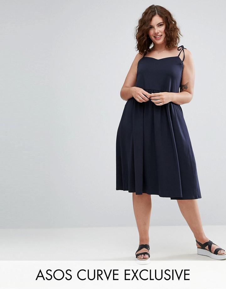 Asos Curve Exclusive Midi Sundress With Tie Straps - Navy
