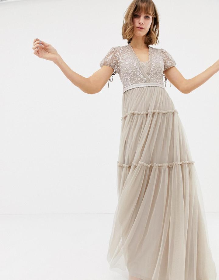 Needle & Thread Embroidered Tulle Maxi Dress With Cap Sleeve In Rose - Pink