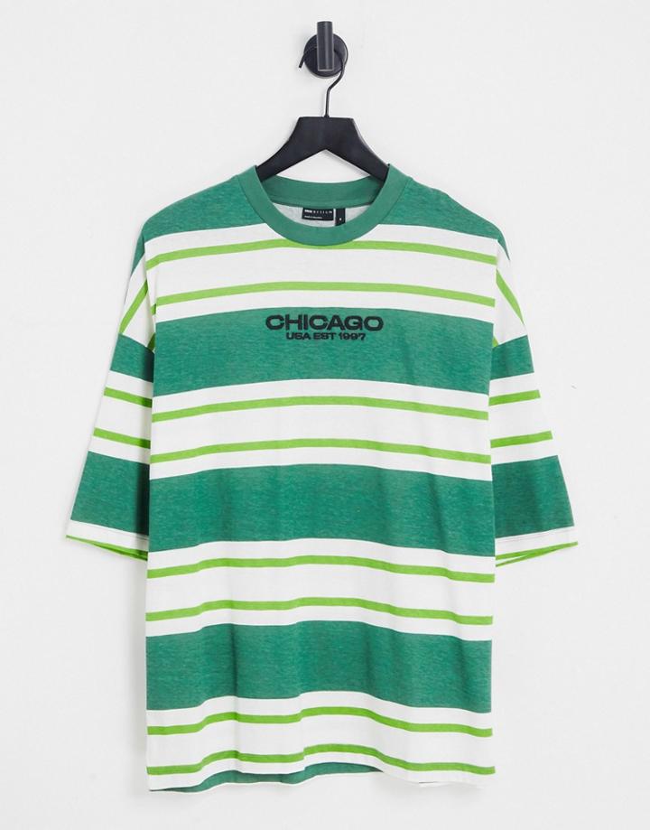 Asos Design Oversized Stripe T-shirt In Green With Chicago City Chest Embroidery