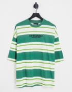 Asos Design Oversized Stripe T-shirt In Green With Chicago City Chest Embroidery
