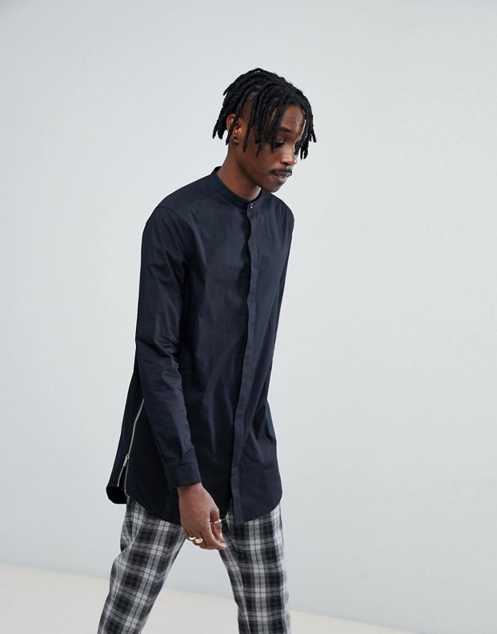 Asos Regular Fit Super Longline Shirt With Side Zips - Black