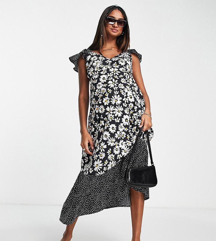 Influence Maternity Cap Sleeve Midi Dress In Black Floral