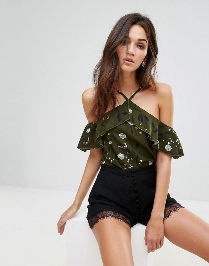 Ax Paris Frill Detail Foral Halter Top - Green