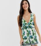 Asos Design Petite Jersey Beach Romper In Palm Print-multi