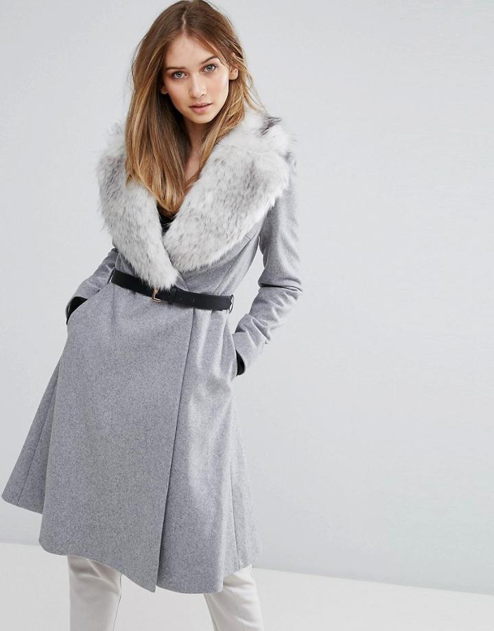 Ted Baker Faux Fur Collar Skirted Coat - Gray