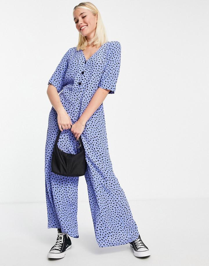 Nobody's Child Wide Leg Button Jumpsuit In Blue Fruit Print