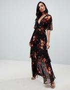 Asos Design Soft Pleated Tiered Maxi Dress In Dark Floral Print - Multi
