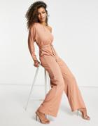 Club L Ribbed One Shoulder Jumpsuit In Pink