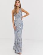 Bariano Embellished Patterned Sequin Strappy Back Maxi Dress In Silver
