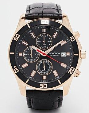 Sekonda Chronograph Mock Croc Leather Strap Watch - Black