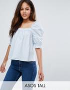 Asos Tall Square Neck Top With Puff Sleeve In Dobby - Blue