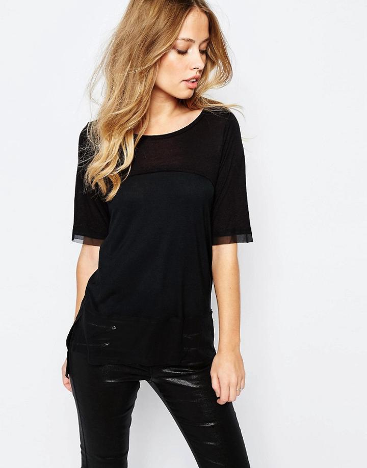 Y.a.s Mari T-shirt With Sheer Panel - Black