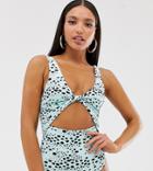 Asos Design Tall Twist Front Cut Out Swimsuit In Teal Irregular Polka Dot - Multi