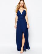 Jarlo V Front Maxi Dress With Frill Detail And Center Split - Navy