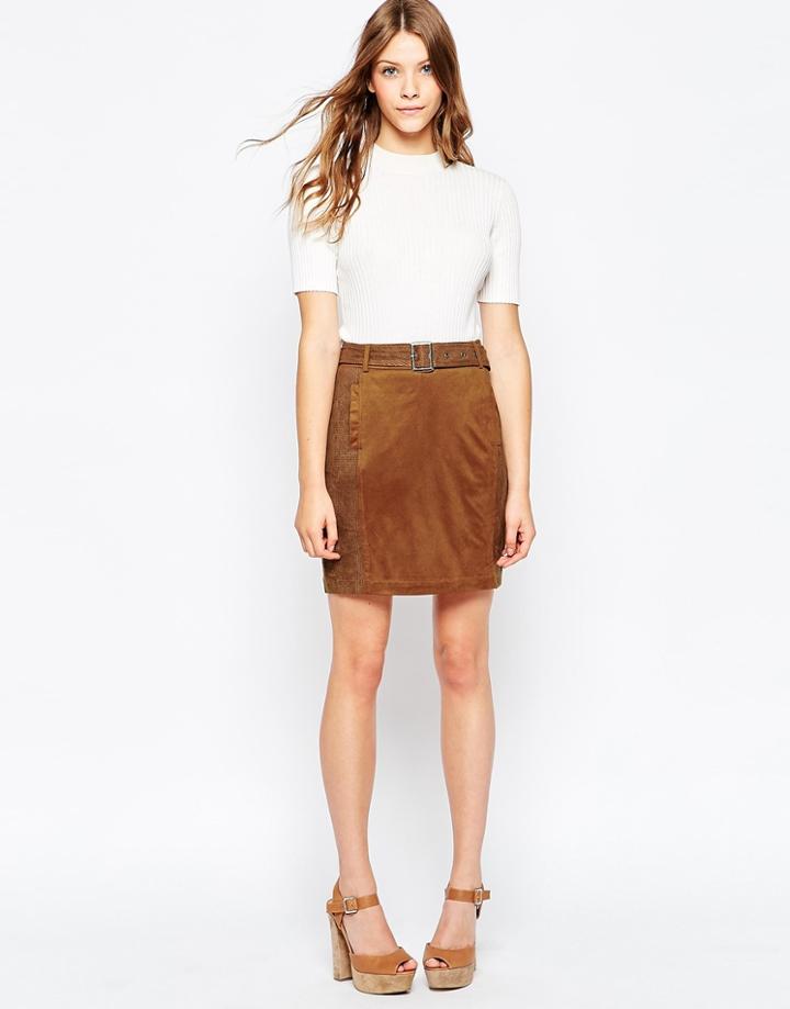 Greylin Ultra-suedette Belted Skirt - Cognac