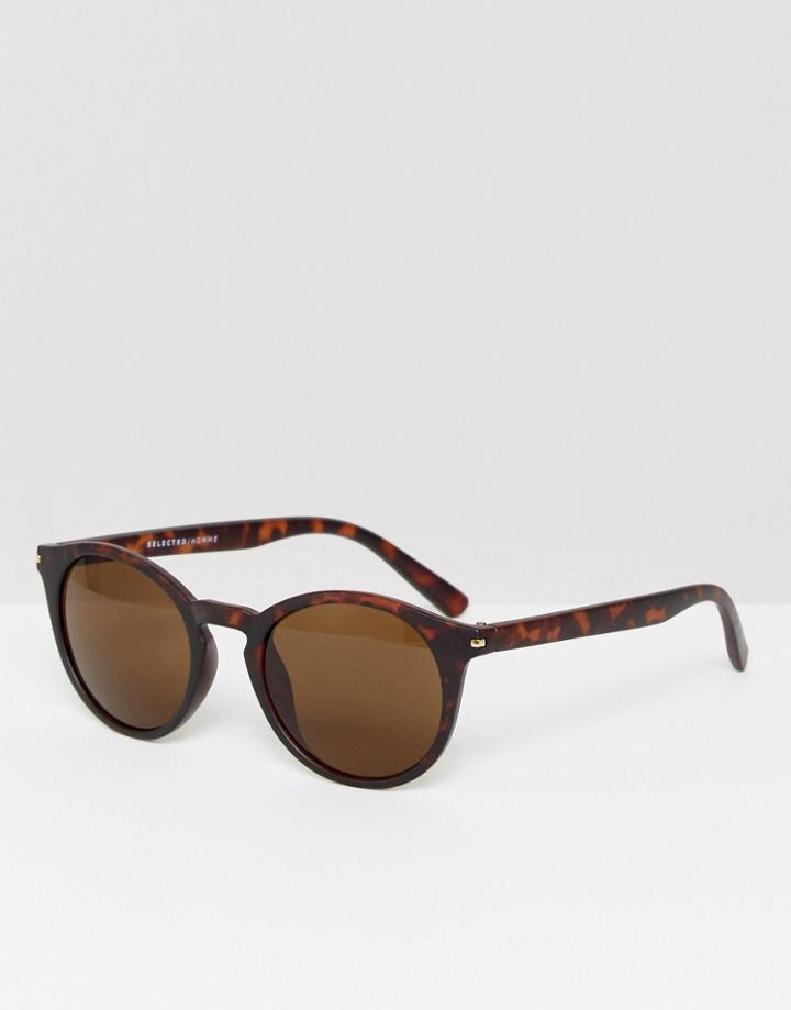 Selected Homme Round Sunglasses In Tort - Brown