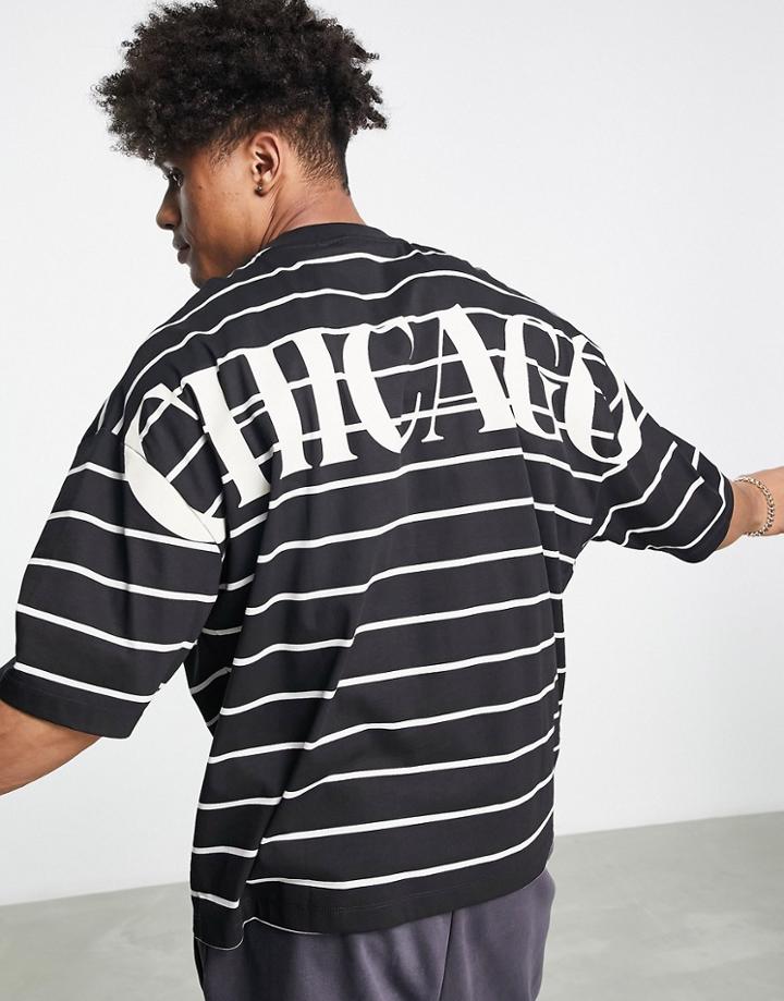 Asos Design Oversized Striped T-shirt In Black With Back Chicago City Print